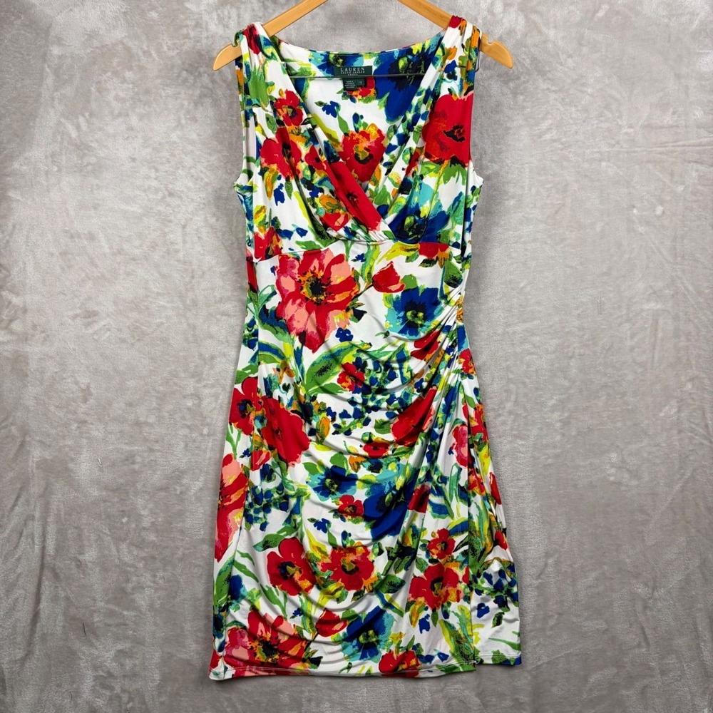 Lauren Ralph Lauren Floral Ruched Sheath Dress Multi Color V Neck Size 12 Summer